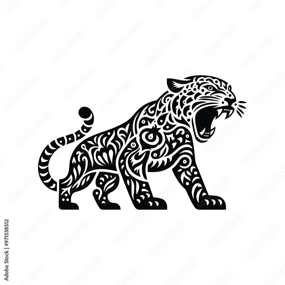 Naklejka premium Jaguar in folk art black and white silhouette illustration