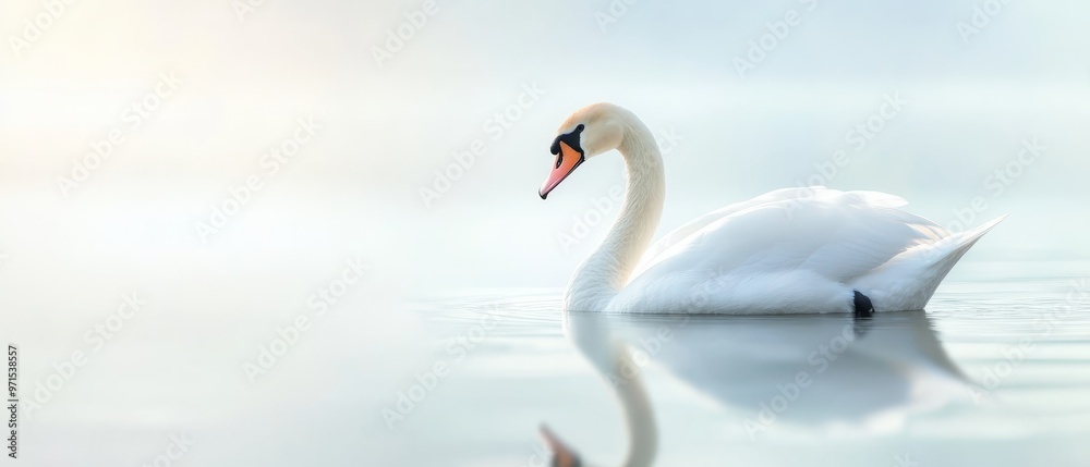Fototapeta premium A white swan floats serenely atop the water, near a long-necked bird with an orange beak