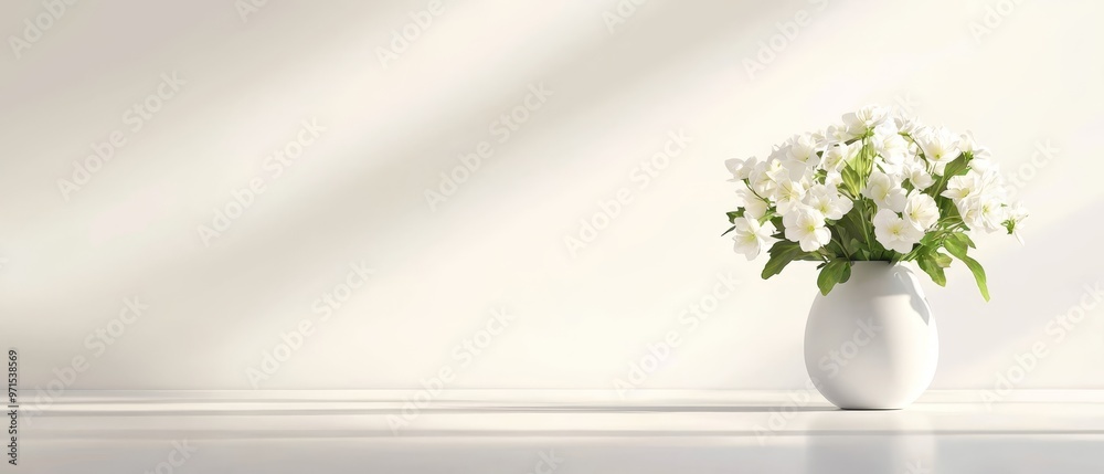 Fototapeta premium A white vase, filled with white flowers, sits atop a pristine white table Nearby, a pristine white wall provides a serene backdrop