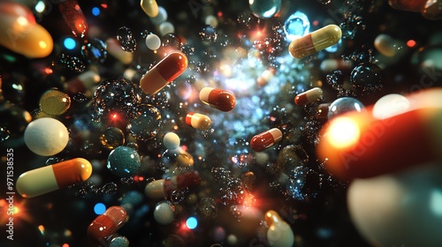 A vibrant array of colorful pills and capsules floating in a cosmic space, illustrating modern medicine and health. photo