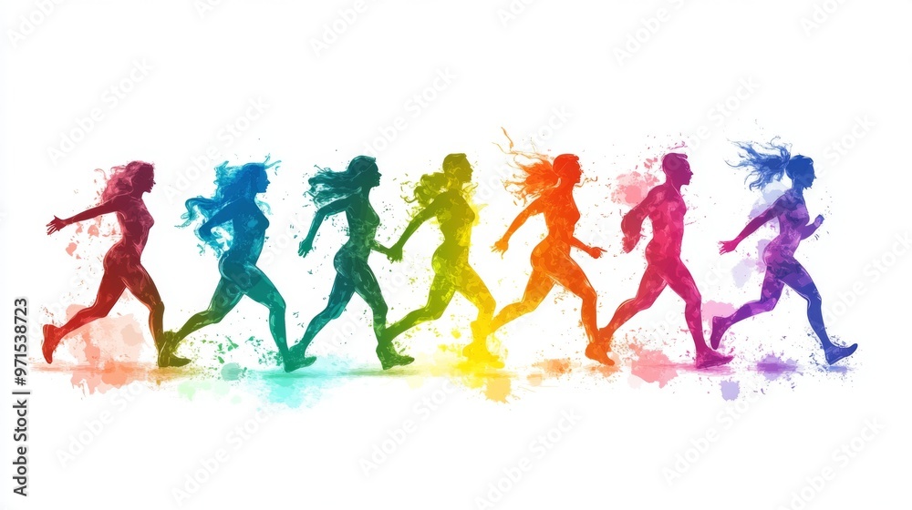 Obraz premium Colorful silhouettes of people jogging in a sequence of shades, symbolizing fitness, exercise, and diversity in motion.