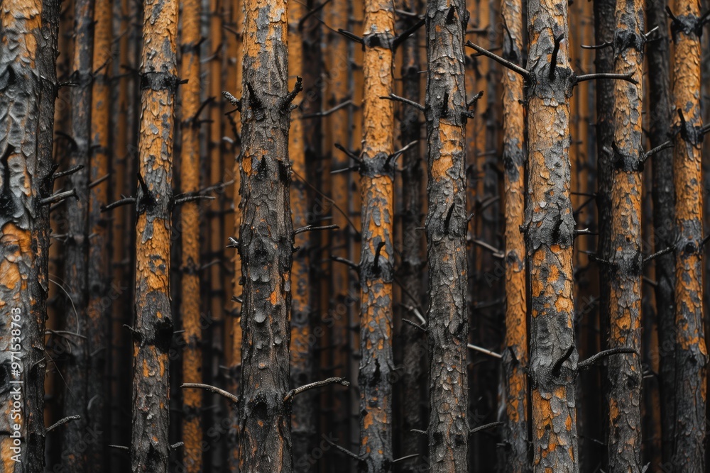 Tall tree trunks with a textured bark, showcasing a mix of dark and orange hues. The trees are densely packed, creating a striking visual pattern. Tall tree trunks with a textured bark, showcasing a mix of dark and orange hues. The trees are densely packed, creating a striking visual pattern.