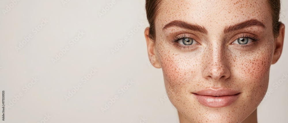 Fototapeta premium A woman with freckled hair and freckled skin smiles at the camera