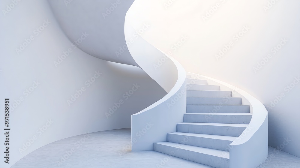 Obraz premium Modern white spiral staircase in a minimalist interior.