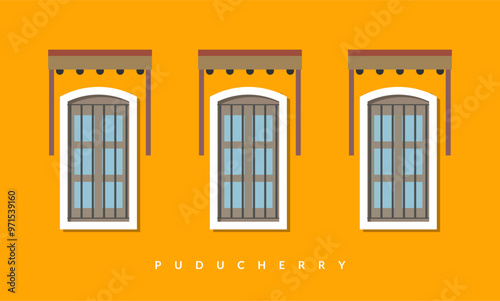 Puducherry - Bright yellow coloured building on roads in White Town - Stock Illustration