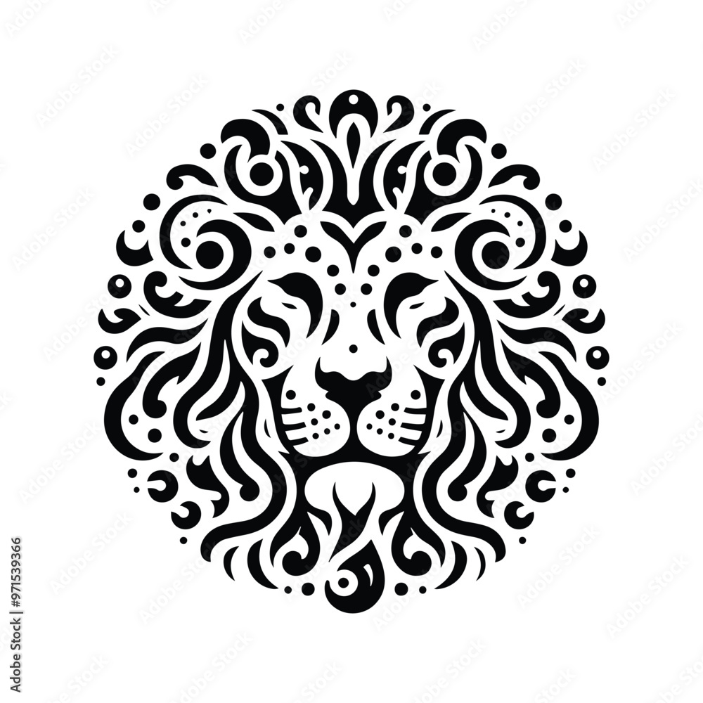 Fototapeta premium Lion in folk art black and white silhouette illustration
