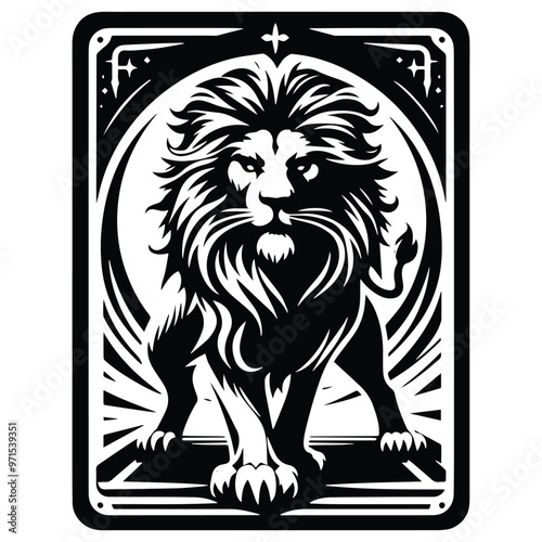 Lion in Tarot card black and white silhouette illustration