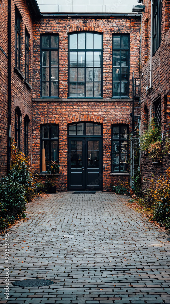 Fototapeta premium Stylish loft building with charming driveway and brick walls