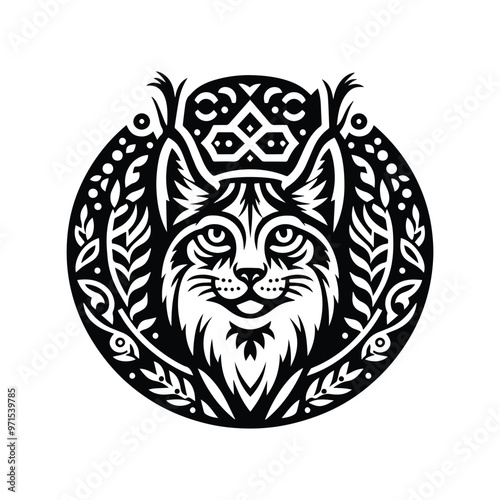 lynx cat in folk art black and white silhouette illustration