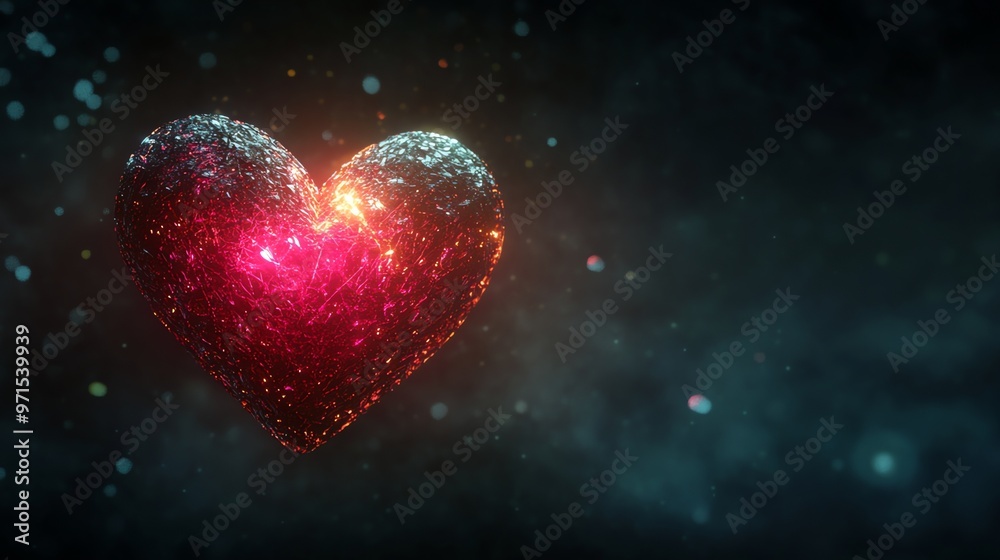 A glowing red heart with a textured surface against a dark blue and black background. A glowing red heart with a textured surface against a dark blue and black background.
