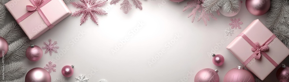 Obraz premium Pink and Silver Christmas Ornament Composition on White Background, Christmas , Decorations , Ornaments