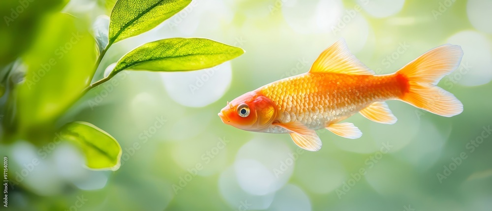 A goldfish, its scales shimmering, nestles close to a submerged plant in the foreground Background softly blurred A goldfish, its scales shimmering, nestles close to a submerged plant in the foreground Background softly blurred
