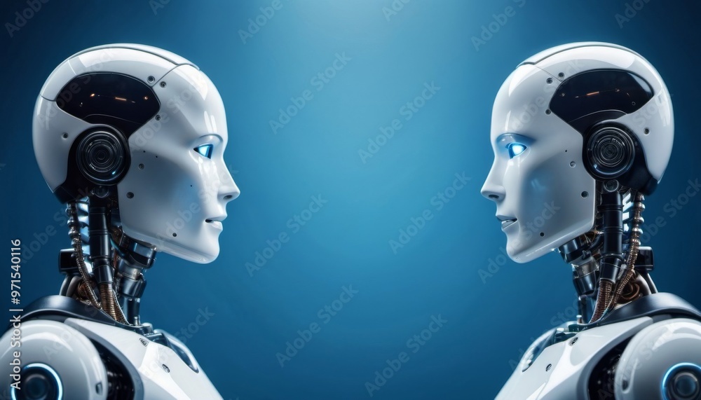 A pair of bionic robots opposite each other. future technologies. Scientific progress. Generative ai. AI A pair of bionic robots opposite each other. future technologies. Scientific progress. Generative ai. AI