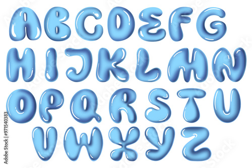 Blue water alphabet on a transparent background. Three-dimensional font.