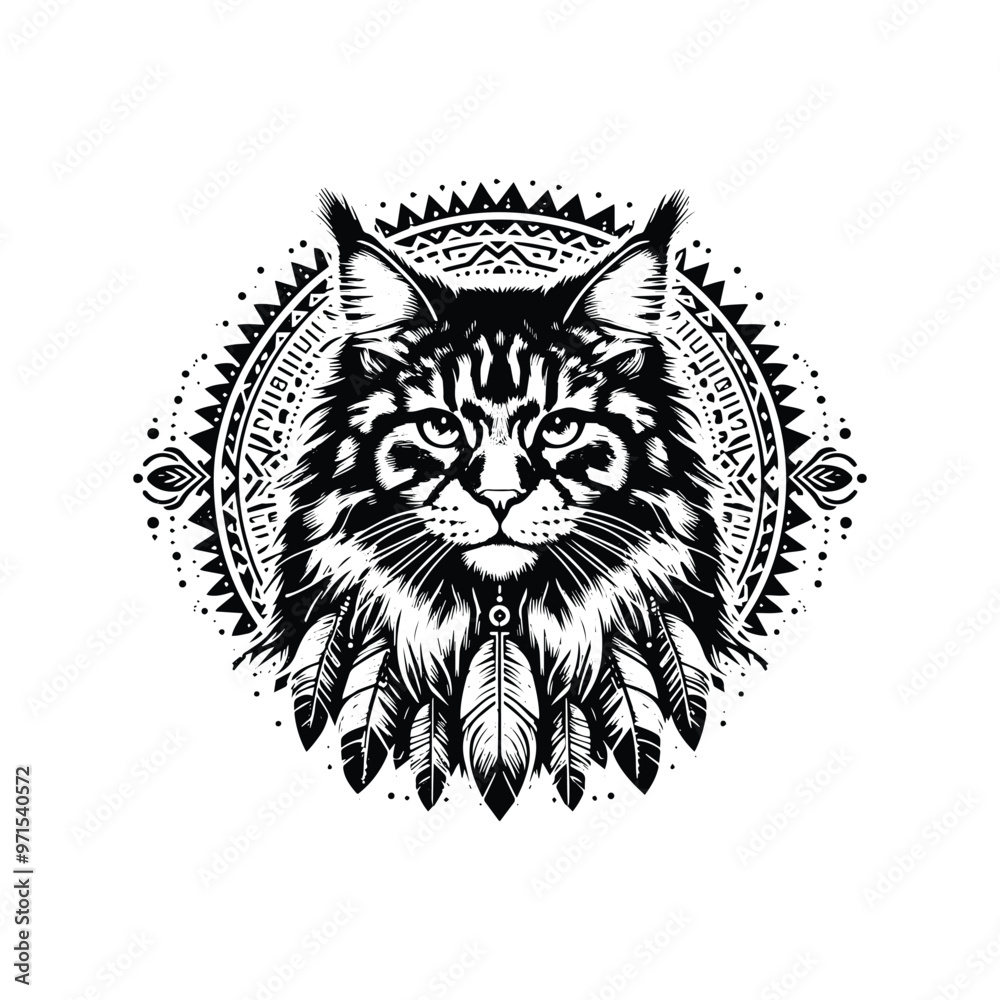 Maine Coon cat in bohemian black and white silhouette illustration Maine Coon cat in bohemian black and white silhouette illustration