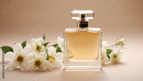 bottle of perfume on a beige background with flowers. floral scents, ai generated