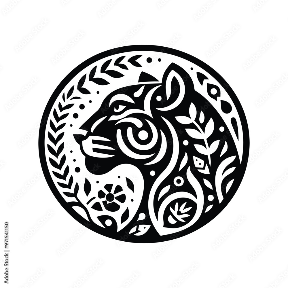Panther in folk art black and white silhouette illustration Panther in folk art black and white silhouette illustration