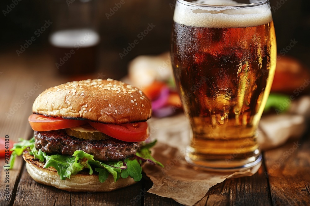 A beer and burger combo on a rustic wooden table, the perfect pub meal