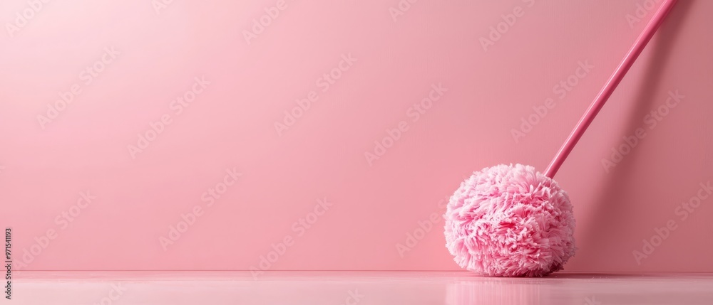 A pink mop on a pink surface; behind, a pink wall holds a second pink mop in the foreground A pink mop on a pink surface; behind, a pink wall holds a second pink mop in the foreground