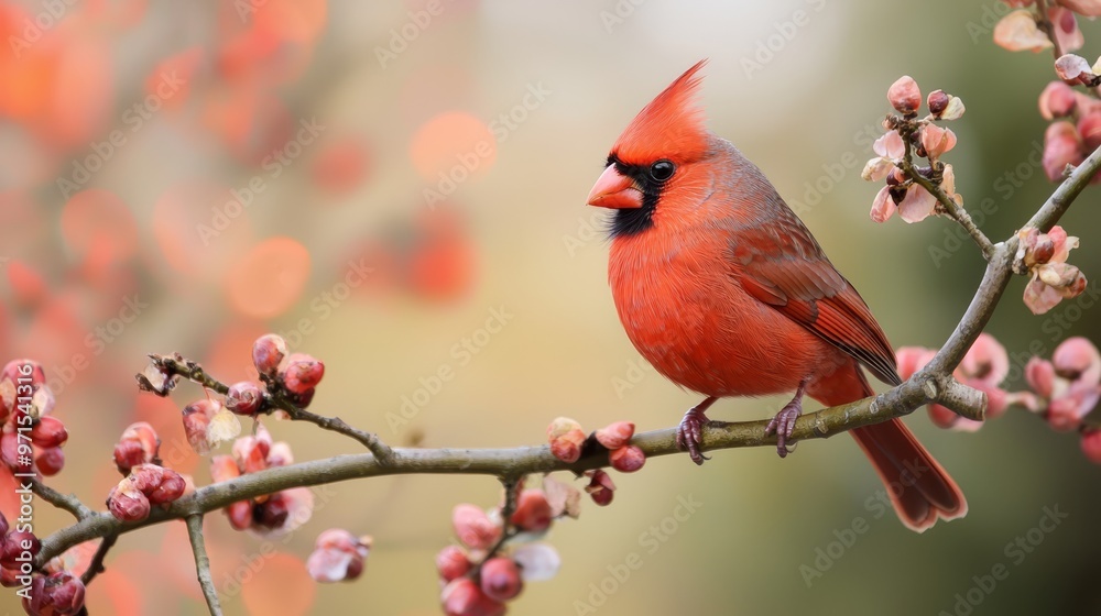 Red bird atop tree branch, surrounded by pink foreground flowers, blurred background Red bird atop tree branch, surrounded by pink foreground flowers, blurred background