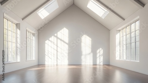 Empty room, high ceiling, white walls, modern design generative ai