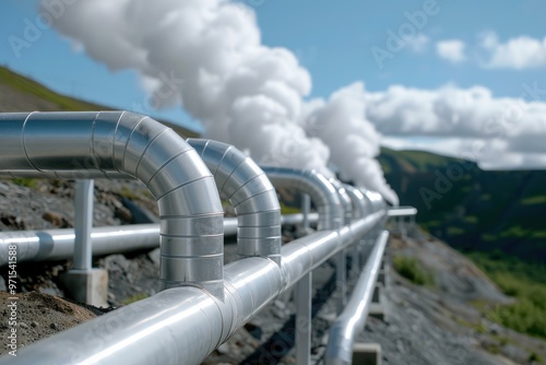 A geothermal plant's metal steam pipes run through a rugged landscape, emitting steam into the sky, highlighting renewable energy. photo