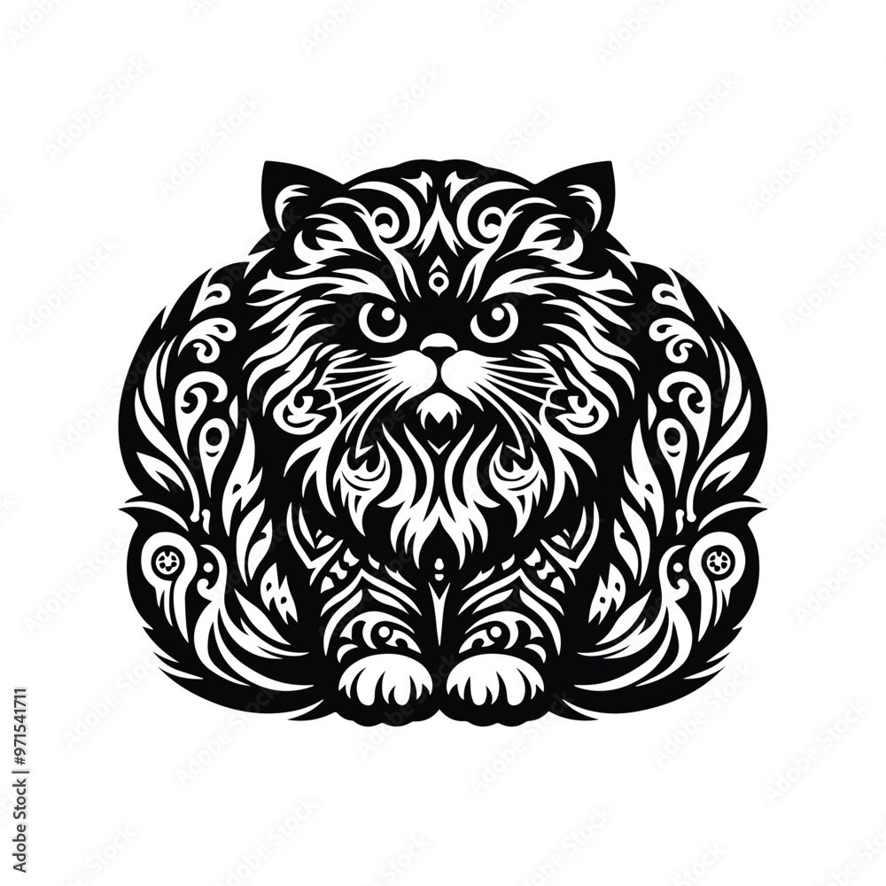 Obraz premium Persian cat in folk art black and white silhouette illustration