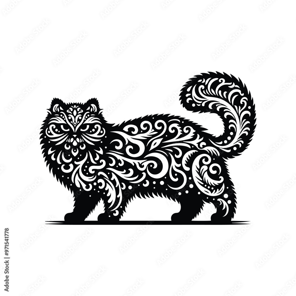 Fototapeta premium Persian cat in folk art black and white silhouette illustration