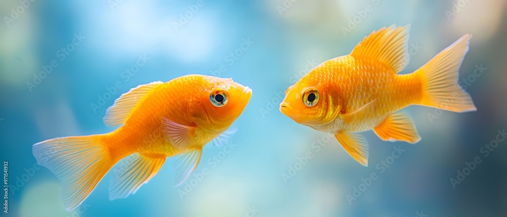 A tight shot of two goldfish facing one another within an aquarium against a backdrop of a blue sky A tight shot of two goldfish facing one another within an aquarium against a backdrop of a blue sky