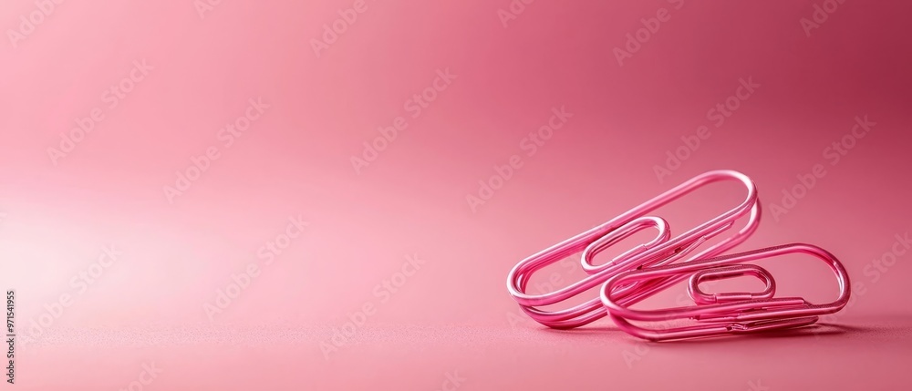 A pink table holds two pink paper clips and a white cup with a straw A pink table holds two pink paper clips and a white cup with a straw