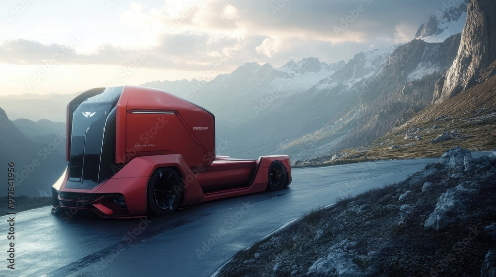 Naklejka premium A futuristic red semi-truck driving on a winding road through a mountain pass.