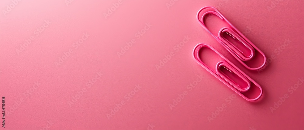 Two pink paper clips rest atop a pink surface, one beside another Two pink paper clips rest atop a pink surface, one beside another
