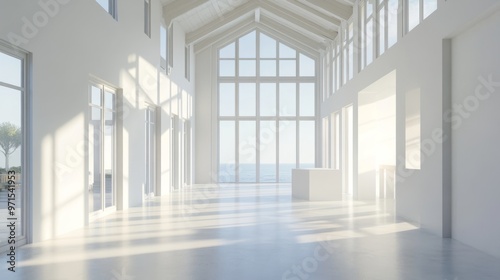 Empty room, high ceiling, white walls, modern design generative ai