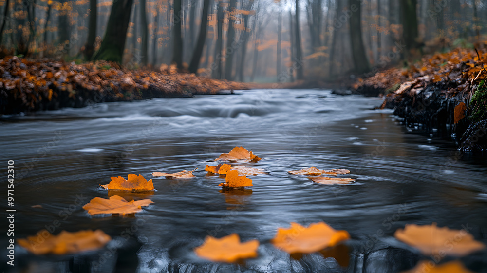 A tranquil stream flows through a misty autumn forest, with fallen leaves floating on the surface. A tranquil stream flows through a misty autumn forest, with fallen leaves floating on the surface.