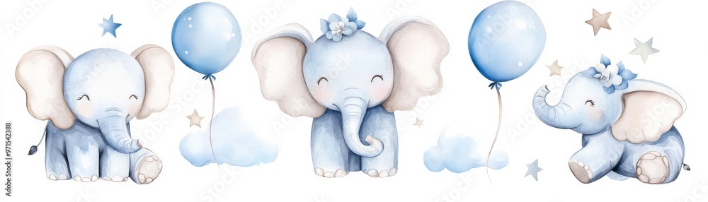 Watercolor Baby Elephant Illustration with Balloons and Stars, nursery decor, baby shower, cute animal , elephant illustration