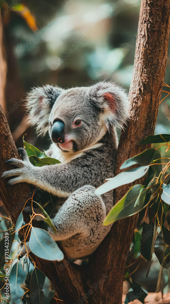 Fototapeta premium A koala sitting in eucalyptus tree, lazily munching on leaves