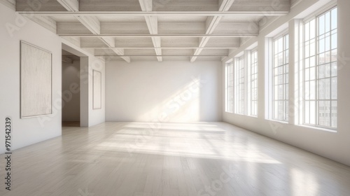 Empty room, high ceiling, white walls, modern design generative ai
