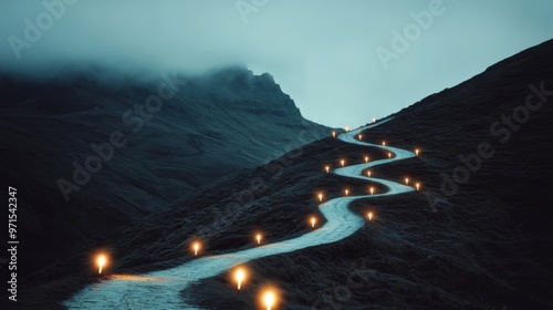 A winding path leading up a steep mountain, with glowing markers at each milestone along the way, personal achievement and growth photo