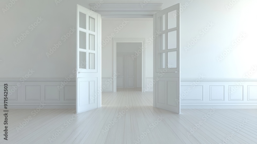 Fototapeta premium Empty room, large door opening, white interior, generative ai