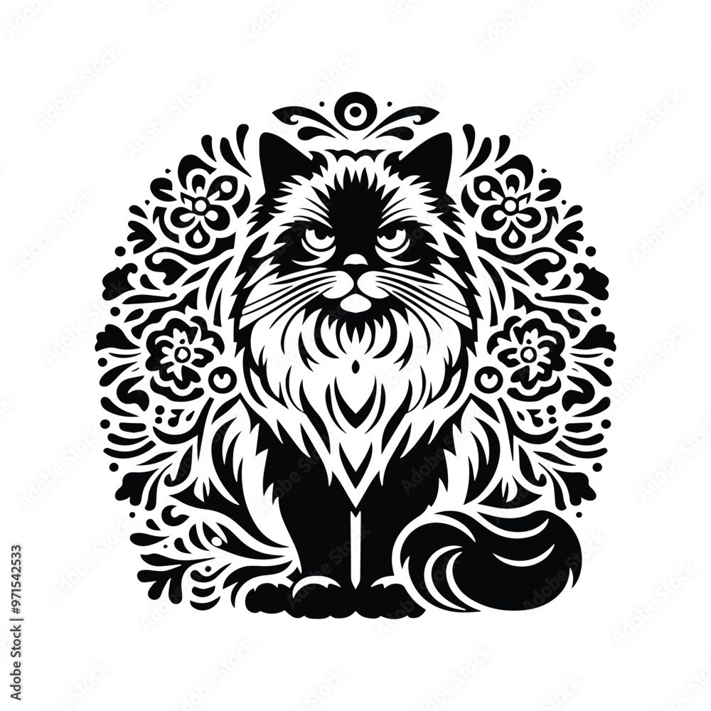 Ragdoll cat in folk art black and white silhouette illustration Ragdoll cat in folk art black and white silhouette illustration