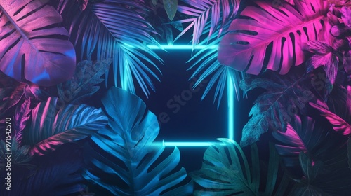 Vibrant Neon Frame Among Tropical Leaves