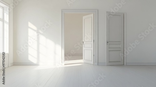 Empty room, large door opening, white interior, generative ai