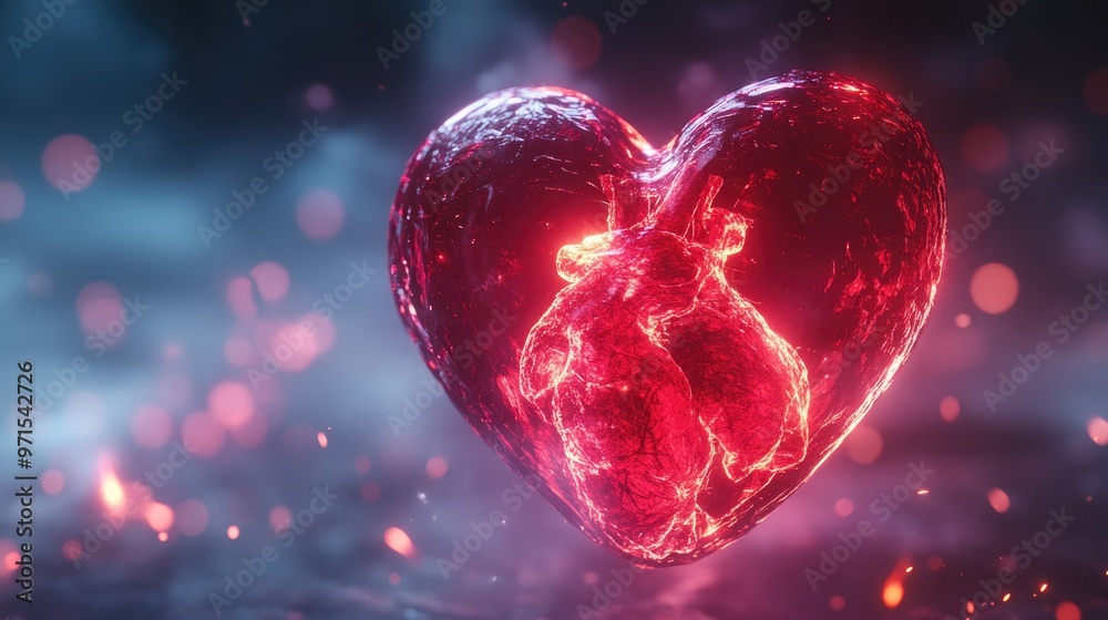 A glowing red heart shape with a smaller heart shape inside, floating in a dark smoky background. A glowing red heart shape with a smaller heart shape inside, floating in a dark smoky background.