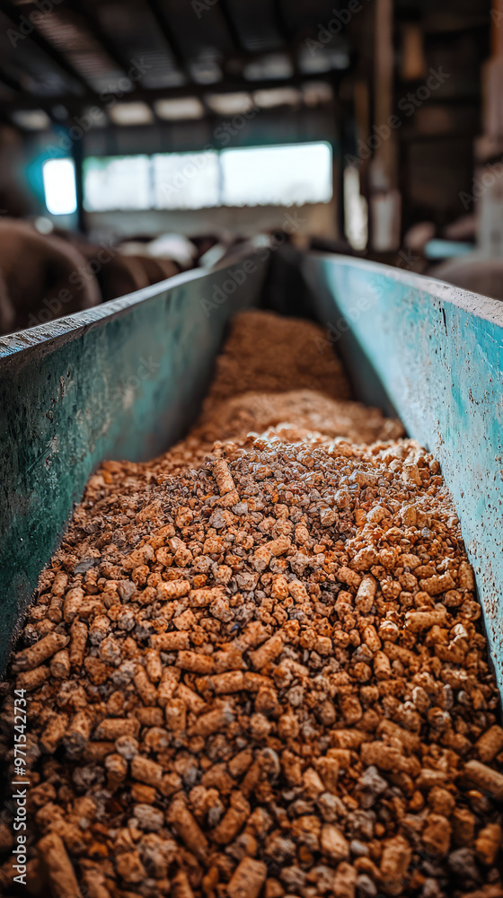A large container filled with mixed animal feed, showcasing various textures and colors A large container filled with mixed animal feed, showcasing various textures and colors
