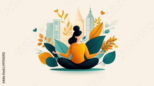 A woman sits in a peaceful park during her lunch break, meditating by a fountain. The balance between work and relaxation helps her maintain a positive mindset.