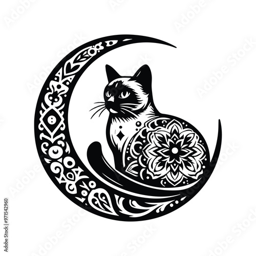 Siamese Cat in bohemian black and white silhouette illustration