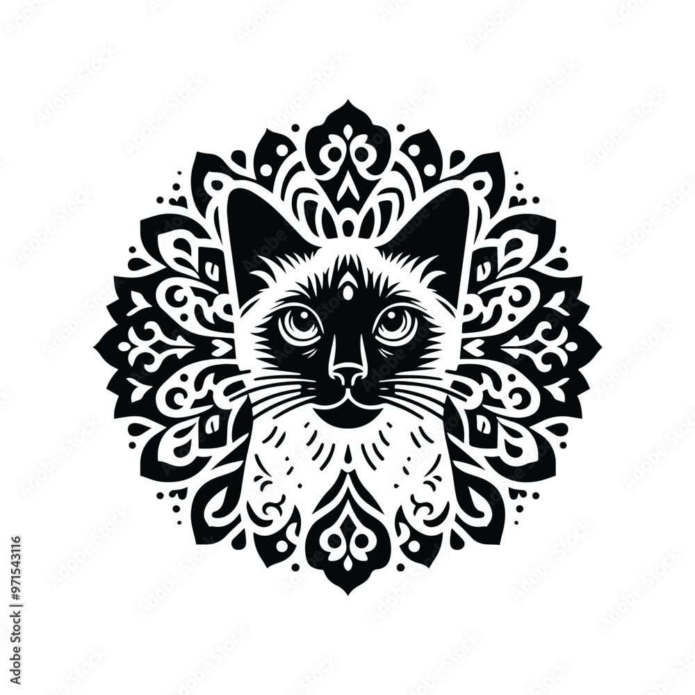 Fototapeta premium Siamese Cat in folk art black and white silhouette illustration
