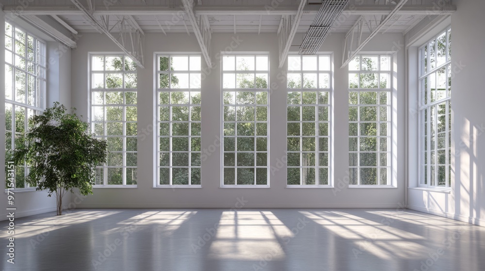 Empty room, large windows, white walls, generative ai Empty room, large windows, white walls, generative ai