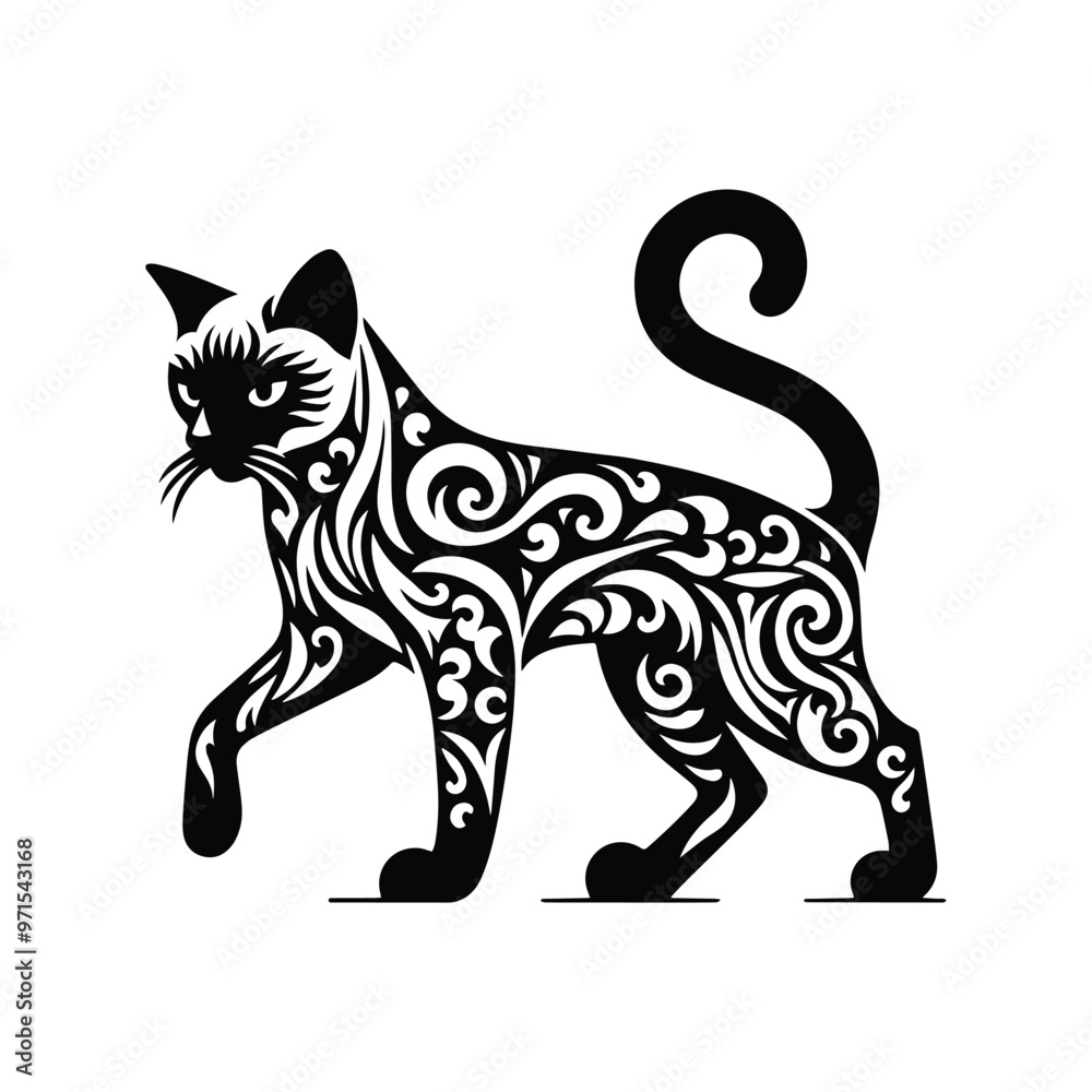 Siamese Cat in folk art black and white silhouette illustration Siamese Cat in folk art black and white silhouette illustration