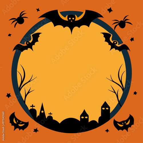 Halloween Night's Embrace: Spooky frame with bats, spiders and haunted village silhouette against a full moon backdrop. 